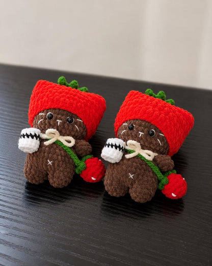 Crochet Cat Plush, Handmade Amigurumi Kitty with Strawberry Hat, Pudding Cat, Cat Keychain, Cute Gift for Her