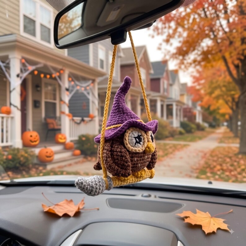 Halloween Crochet Owl Car Charm | Witch Hat Amigurumi Rear View Mirror Hanging | Handmade Spooky Car Accessory Gift