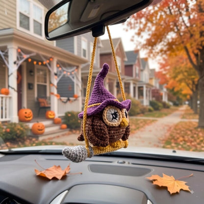 Halloween Crochet Owl Car Charm | Witch Hat Amigurumi Rear View Mirror Hanging | Handmade Spooky Car Accessory Gift