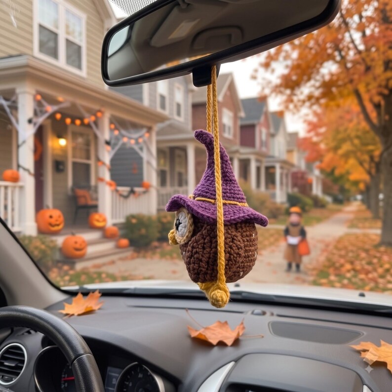 Halloween Crochet Owl Car Charm | Witch Hat Amigurumi Rear View Mirror Hanging | Handmade Spooky Car Accessory Gift