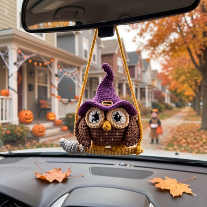 Halloween Crochet Owl Car Charm | Witch Hat Amigurumi Rear View Mirror Hanging | Handmade Spooky Car Accessory Gift