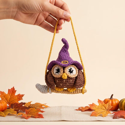 Halloween Crochet Owl Car Charm | Witch Hat Amigurumi Rear View Mirror Hanging | Handmade Spooky Car Accessory Gift