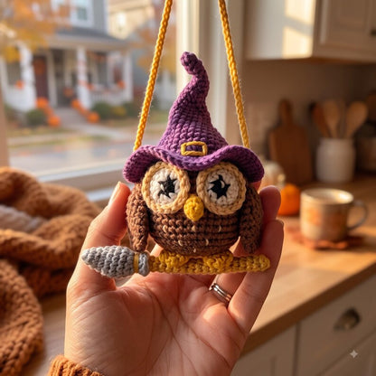 Halloween Crochet Owl Car Charm | Witch Hat Amigurumi Rear View Mirror Hanging | Handmade Spooky Car Accessory Gift
