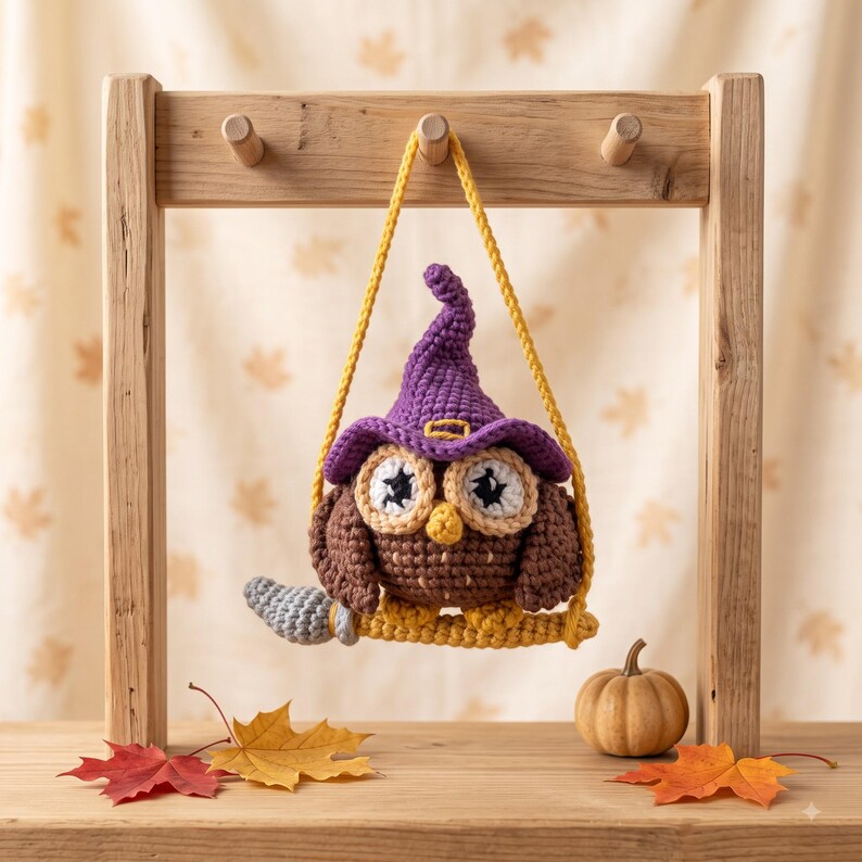 Halloween Crochet Owl Car Charm | Witch Hat Amigurumi Rear View Mirror Hanging | Handmade Spooky Car Accessory Gift