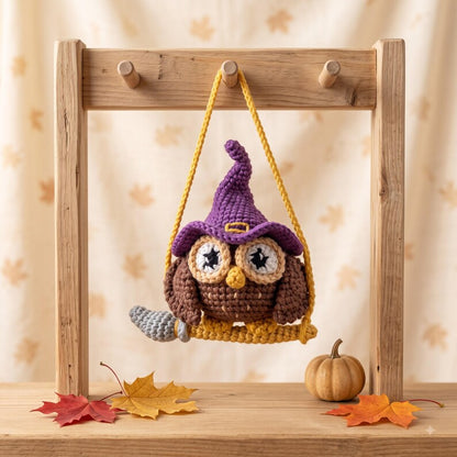 Halloween Crochet Owl Car Charm | Witch Hat Amigurumi Rear View Mirror Hanging | Handmade Spooky Car Accessory Gift