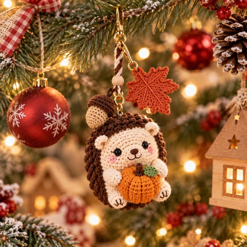 Crochet Hedgehog Keychain, Pumpkin Fall Car Charm, Autumn Rearview Mirror Hanging Ornament, Cute Hedgehog Gift, Thanksgiving Decor