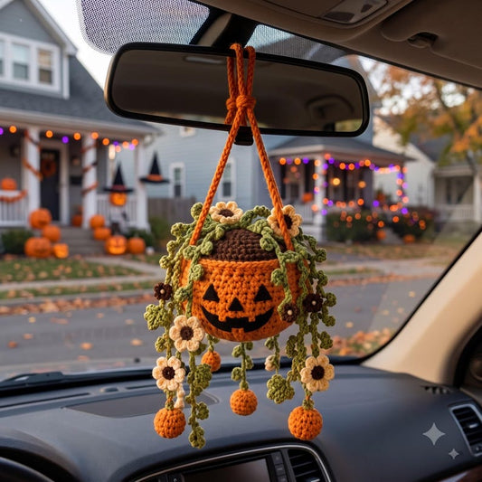 Crochet Halloween Car Hanging Ornament | Jack-o-Lantern Pumpkin Rear View Mirror Charm | Cottagecore Boho Car Decor Gift