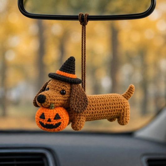 Crochet Dachshund Car Charm, Halloween Wiener Dog Rearview Mirror Hanger, Pumpkin Dog Ornament, Spooky Car Decor, Dog Lover Gift