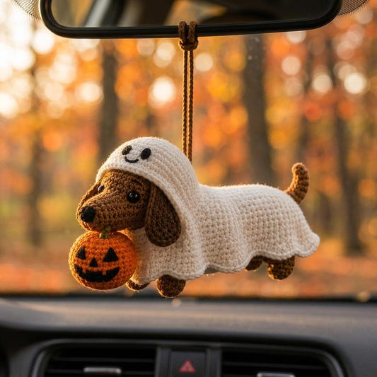Crochet Dachshund Car Charm, Halloween Ghost Wiener Dog Rearview Mirror Hanger, Pumpkin Dog Ornament, Spooky Car Decor, Dog Lover Gift