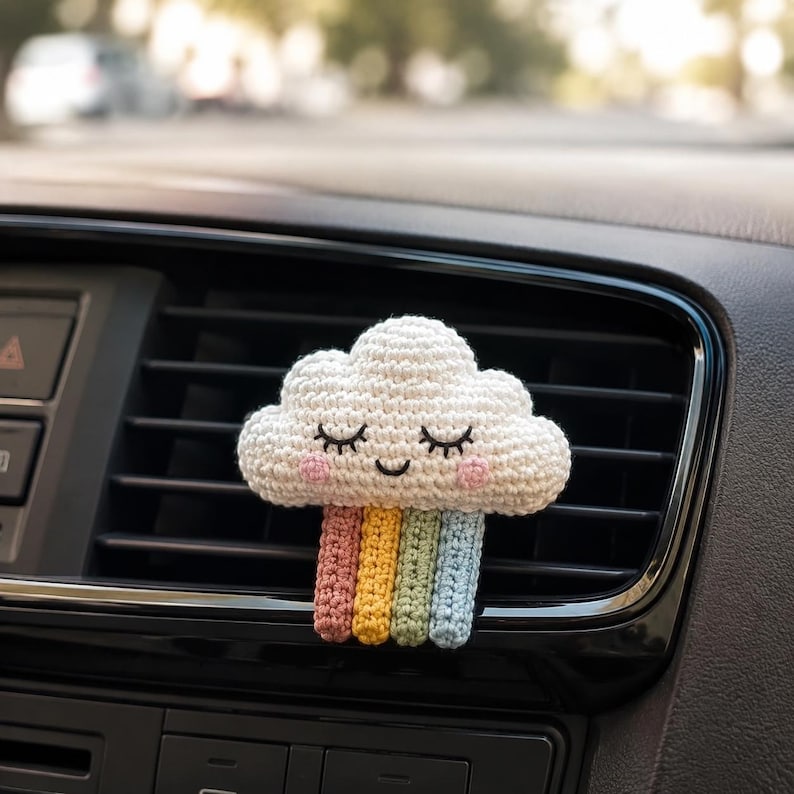 Crochet Car Vent Clip, Cute Car Accessories, Flower Pot, Daisy, Monkey or Cloud Rainbow, Handmade Car Interior Decor, New Driver Gift