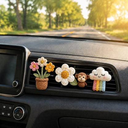 Crochet Car Vent Clip, Cute Car Accessories, Flower Pot, Daisy, Monkey or Cloud Rainbow, Handmade Car Interior Decor, New Driver Gift