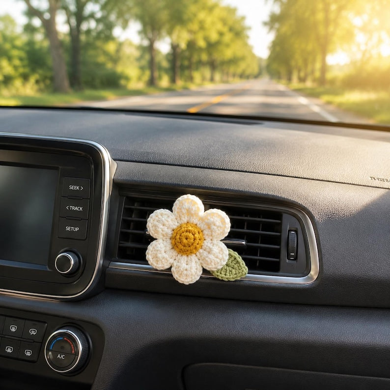 Crochet Car Vent Clip, Cute Car Accessories, Flower Pot, Daisy, Monkey or Cloud Rainbow, Handmade Car Interior Decor, New Driver Gift