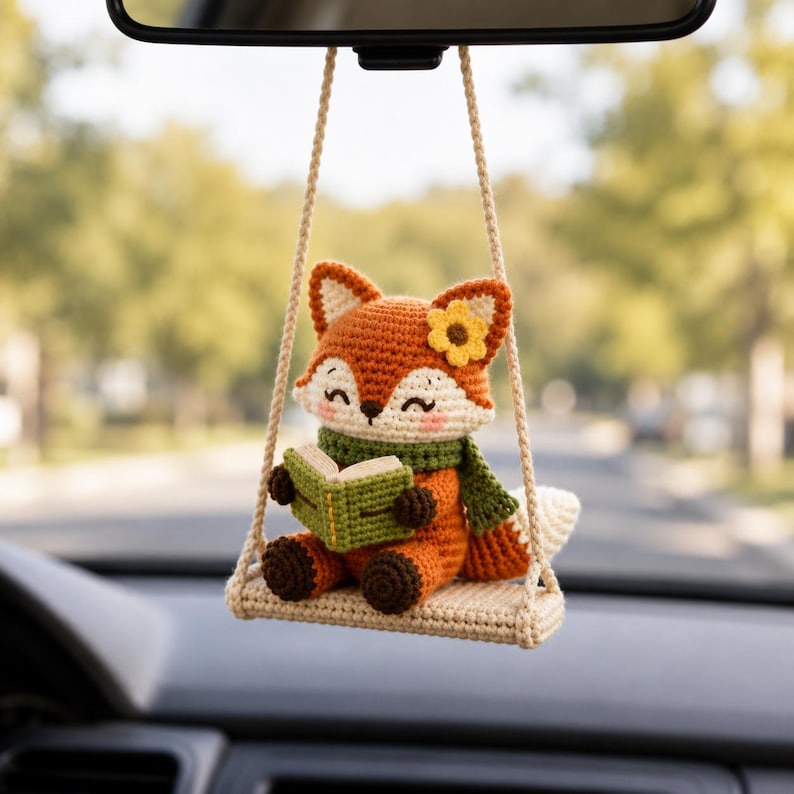 Crochet Fox Car Charm, Reading Fox Rearview Mirror Hanger, Book Lover Car Accessory, Cute Woodland Animal Car Decor, Crochet Swing Ornament