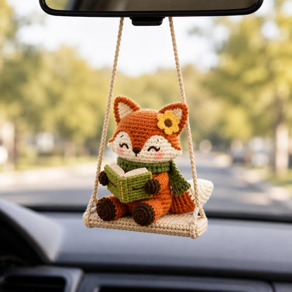 Crochet Fox Car Charm, Reading Fox Rearview Mirror Hanger, Book Lover Car Accessory, Cute Woodland Animal Car Decor, Crochet Swing Ornament