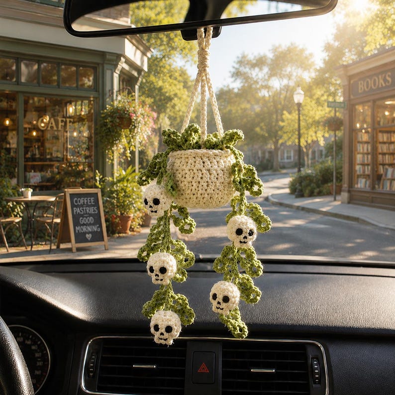 Halloween Crochet Car Hanging Plant, Skull Car Charm Hanging, Spooky Car Decor, Handmade Plant Car Accessories Gift