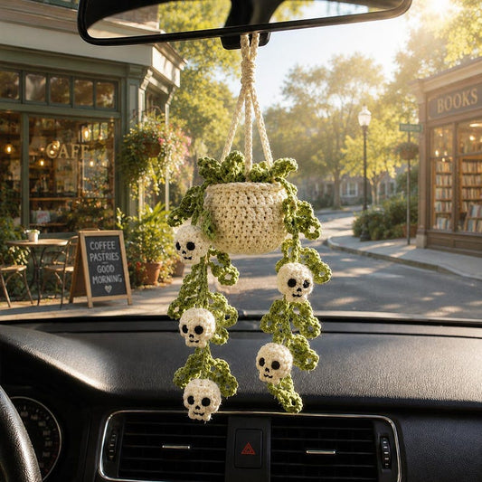 Halloween Crochet Car Hanging Plant, Skull Car Charm Hanging, Spooky Car Decor, Handmade Plant Car Accessories Gift