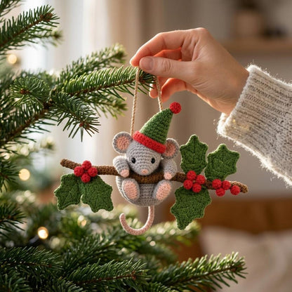 Christmas Crochet Mouse Car Charm, Cute Holiday Rearview Mirror Hanger, Holly Mouse Ornament, Christmas Car Decor, Mouse Lover Gift