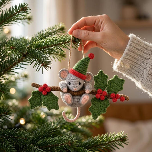 Christmas Crochet Mouse Car Charm, Cute Holiday Rearview Mirror Hanger, Holly Mouse Ornament, Christmas Car Decor, Mouse Lover Gift