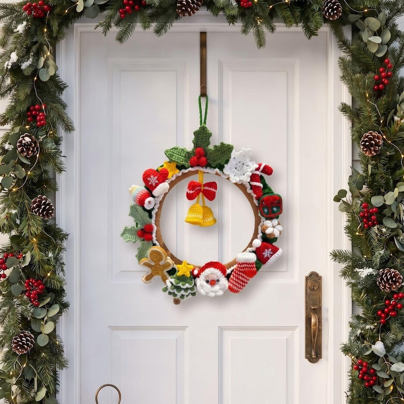 Crochet Christmas Wreath, Santa Wreath, Handmade Xmas Gift, Front Door Christmas Decor, Holiday Crochet Door Hanging, Festive Decoration