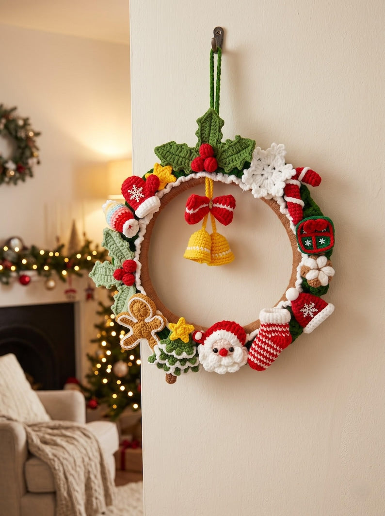 Crochet Christmas Wreath, Santa Wreath, Handmade Xmas Gift, Front Door Christmas Decor, Holiday Crochet Door Hanging, Festive Decoration