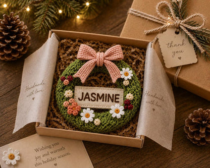 Personalized Crochet Christmas Wreath Ornament, Custom Name Embroidered Ornament, Handmade Christmas Tree Decoration, Family Keepsake Gift