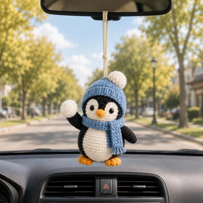 Crochet Penguin Car Charm, Christmas Rearview Mirror Hanging Ornament, Cute Penguin Car Accessory, Winter Crochet Gift