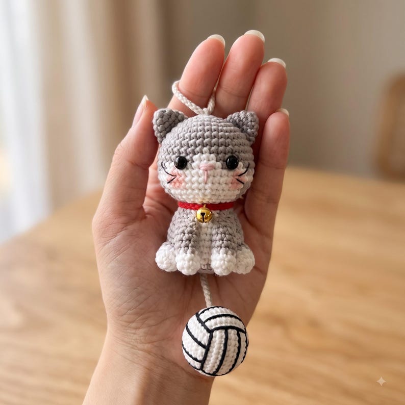 Handmade Crochet Cat Rearview Mirror Charm with Yarn Ball
