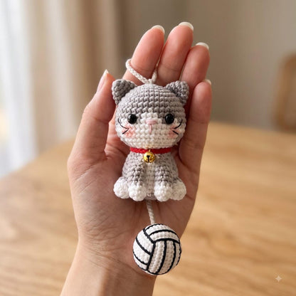 Handmade Crochet Cat Rearview Mirror Charm with Yarn Ball