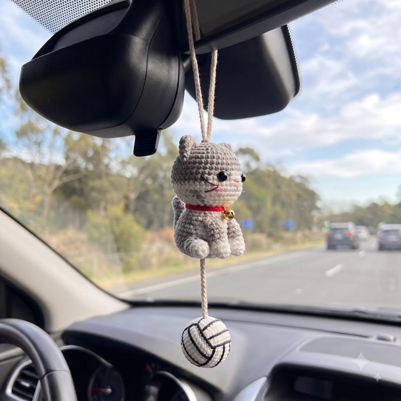 Handmade Crochet Cat Rearview Mirror Charm with Yarn Ball