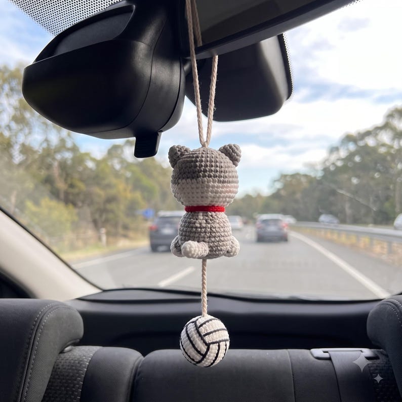 Handmade Crochet Cat Rearview Mirror Charm with Yarn Ball