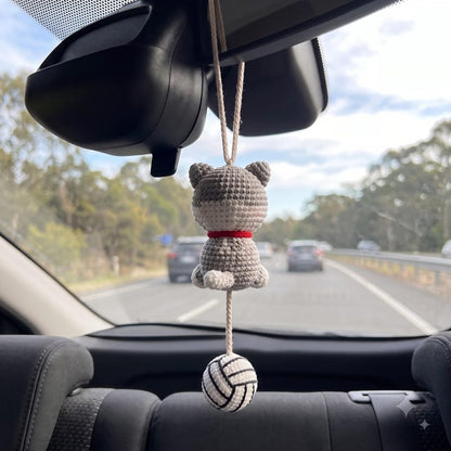 Handmade Crochet Cat Rearview Mirror Charm with Yarn Ball