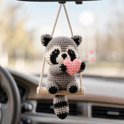 Crochet Raccoon Car Hanger, Heart Rearview Mirror Charm, Cute Amigurumi Auto Decor, Valentine Gift for Her, Friend Gift, Cute Christmas Gift
