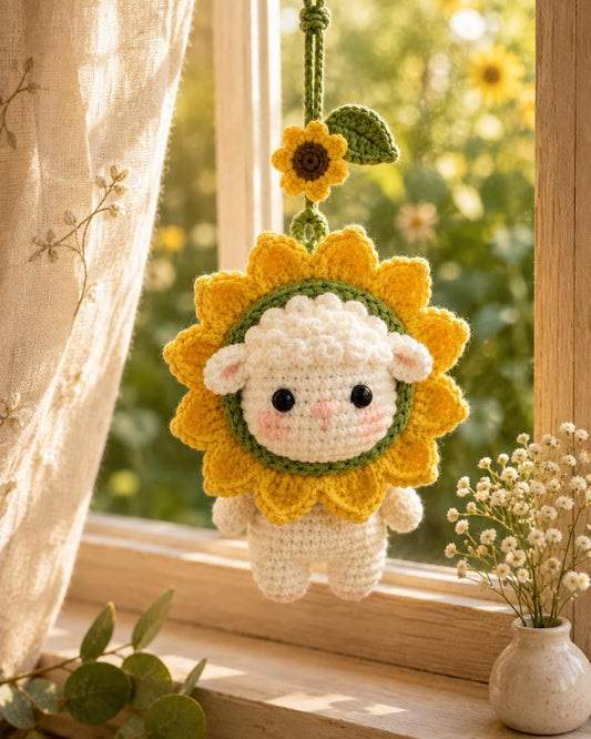 Crochet Sunflower Lamb, Handmade Sheep Amigurumi, Cute Farm Animal Plush, Cottagecore Nursery Decor, Lamb Lover Gift, Spring Flower Gift