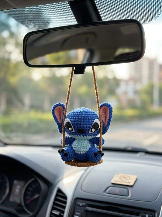 Crochet Blue Alien Car Charm, Rearview Mirror Hanging Ornament, Cute Swing Car Accessory, Handmade Crochet Car Decor, Gift for Her