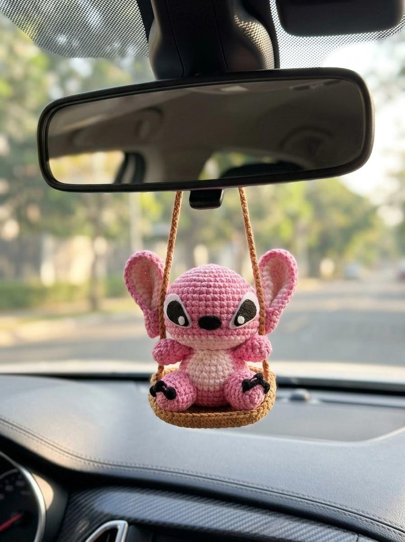 Crochet Blue Alien Car Charm, Rearview Mirror Hanging Ornament, Cute Swing Car Accessory, Handmade Crochet Car Decor, Gift for Her