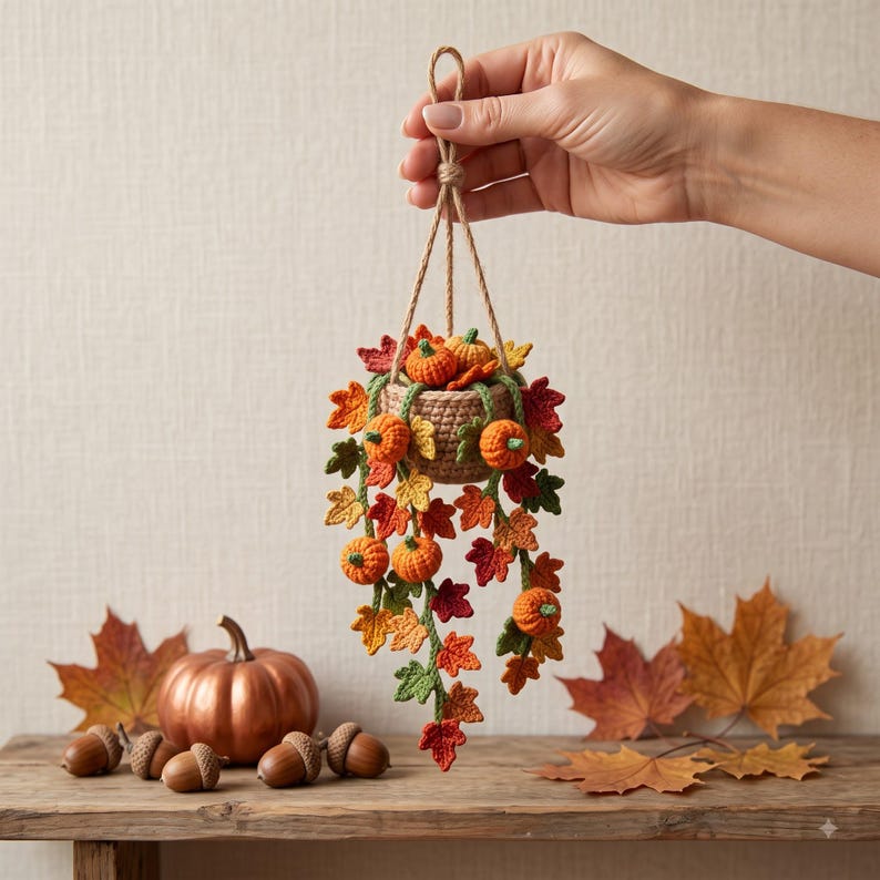 Crochet Hanging Basket with Pumpkins | Handmade Amigurumi Halloween Decoration