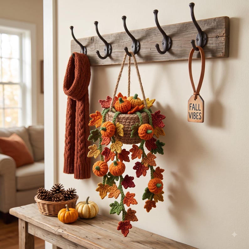 Crochet Hanging Basket with Pumpkins | Handmade Amigurumi Halloween Decoration