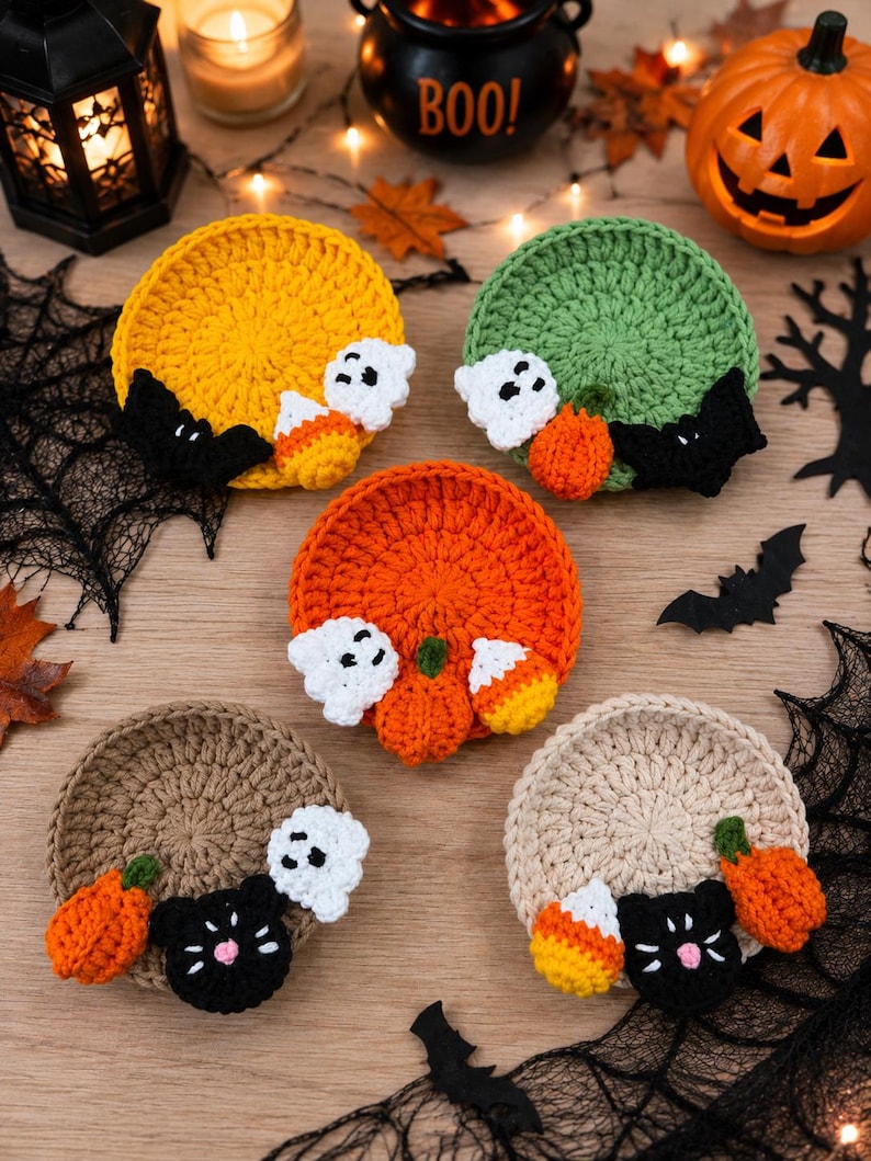 Handmade Crochet Halloween Coasters,Pumpkin Ghost Cat Spider Bat Eyeball Mug Rugs,SpookyHalloween Table Decor,Cute Spooky Cotton MugRugs