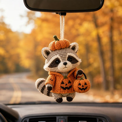 Halloween Crochet Car Charm, Cute Raccoon Hanging Ornament, Pumpkin Amigurumi Car Accessory, Fall Rearview Mirror Decor, Autumn Gift