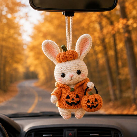 Crochet Bunny Car Charm, Halloween Rearview Mirror Ornament, Pumpkin Rabbit Amigurumi, Cute Fall Car Decor, Halloween Car Accessory