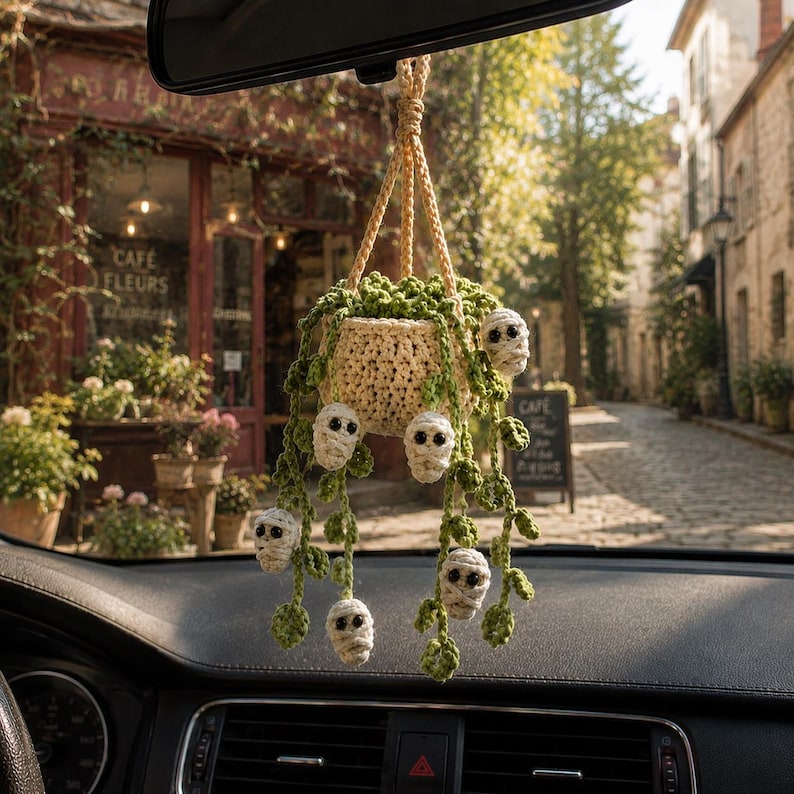 Crochet Halloween Car Plant Hanger, Handmade Mummy Plant Pot Car Charm, Spooky Cute Car Decor, Unique Car Accessory, Plant Lover Gift