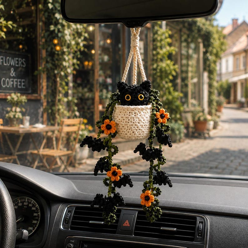 Crochet Halloween Black Cat Plant Car Hanging, Bat Vine Car Charm, Spooky Cute Halloween Car Decor, Handmade Plant Lover Gift