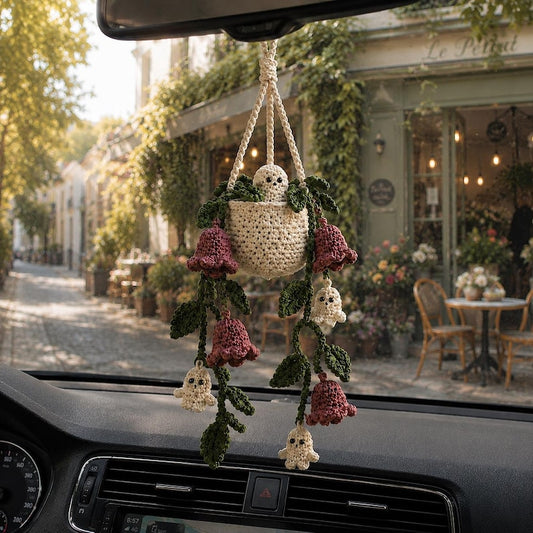 Halloween Crochet Plant Car Hanging, Handmade Ghostbell Flower Basket Car Charm, Spooky Car Decor, Plant Lover Gift