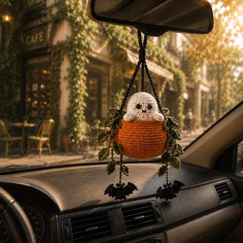Boo in a Pumpkin Crochet Car Hanging, Ghost & Bat Halloween Plant Car Charm, Cute Car Accessory, Plant Lover Gift