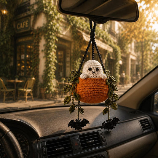Boo in a Pumpkin Crochet Car Hanging, Ghost & Bat Halloween Plant Car Charm, Cute Car Accessory, Plant Lover Gift