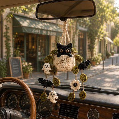Crochet Halloween Plant Car Hanging, Handmade Black Cat Ghost & Bat Car Charm, Cute Car Decor, Spooky Car Accessory, Plant Lover Gift