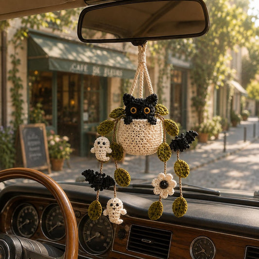 Crochet Halloween Plant Car Hanging, Handmade Black Cat Ghost & Bat Car Charm, Cute Car Decor, Spooky Car Accessory, Plant Lover Gift