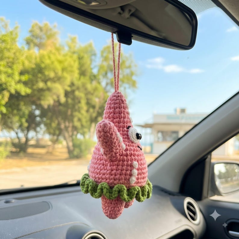 Crochet Patrick Star Car Mirror Charm | SpongeBob Kawaii Car Accessory Gift