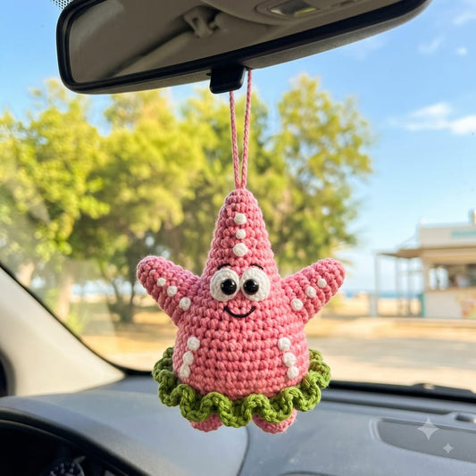Crochet Patrick Star Car Mirror Charm | SpongeBob Kawaii Car Accessory Gift