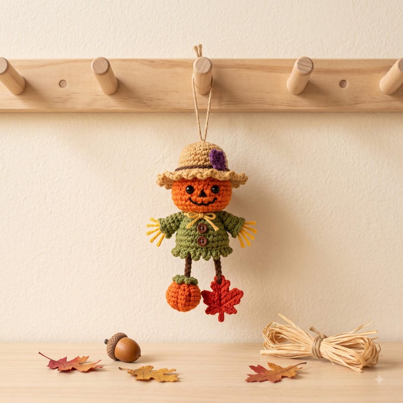 Crochet Halloween Car Charm | Jack-o-Lantern Scarecrow Rear View Mirror Ornament